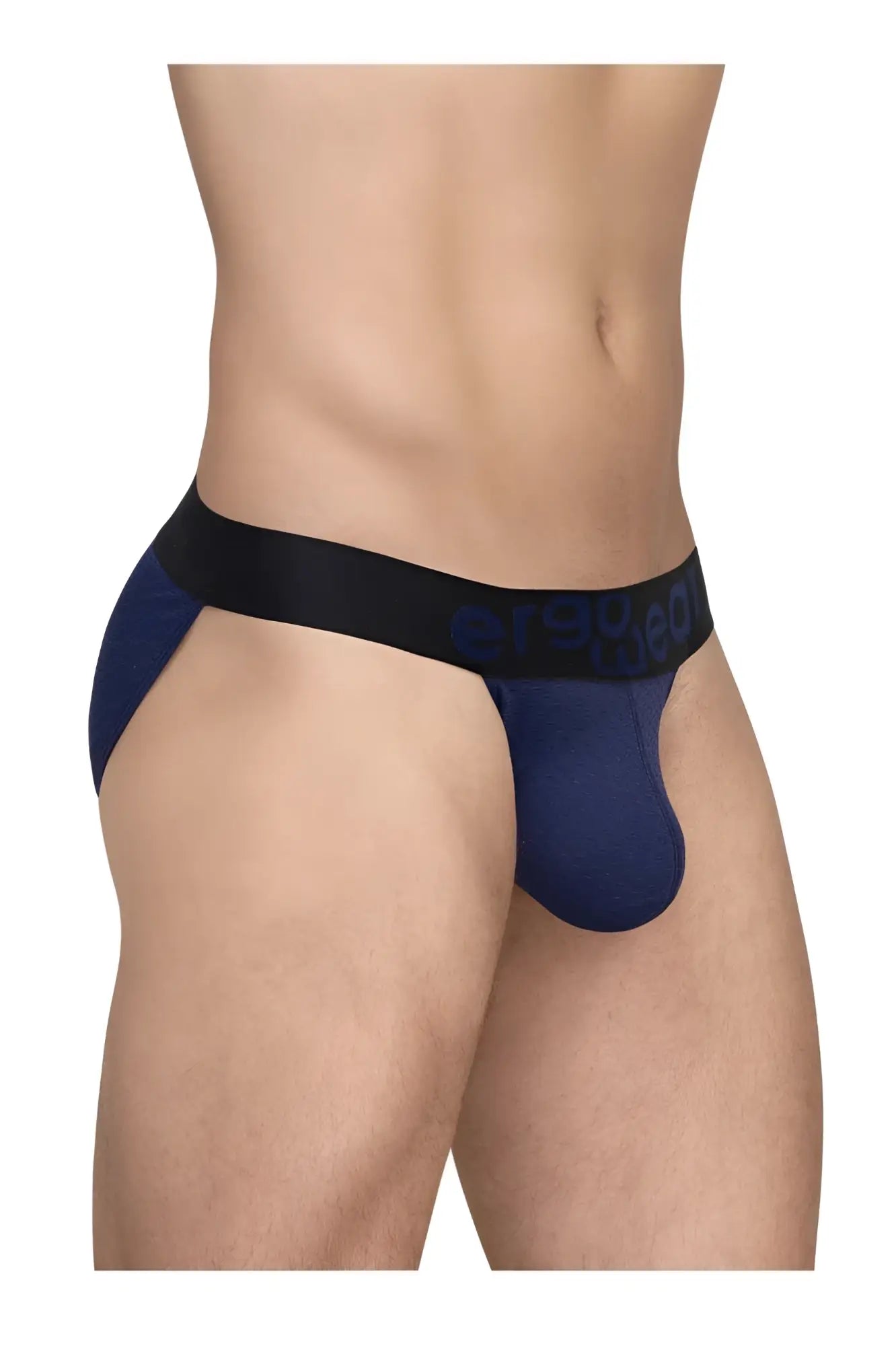 Navy blue ergo wear ew1790 max flow men’s briefs with black elastic waistband and erased brand name in light gray