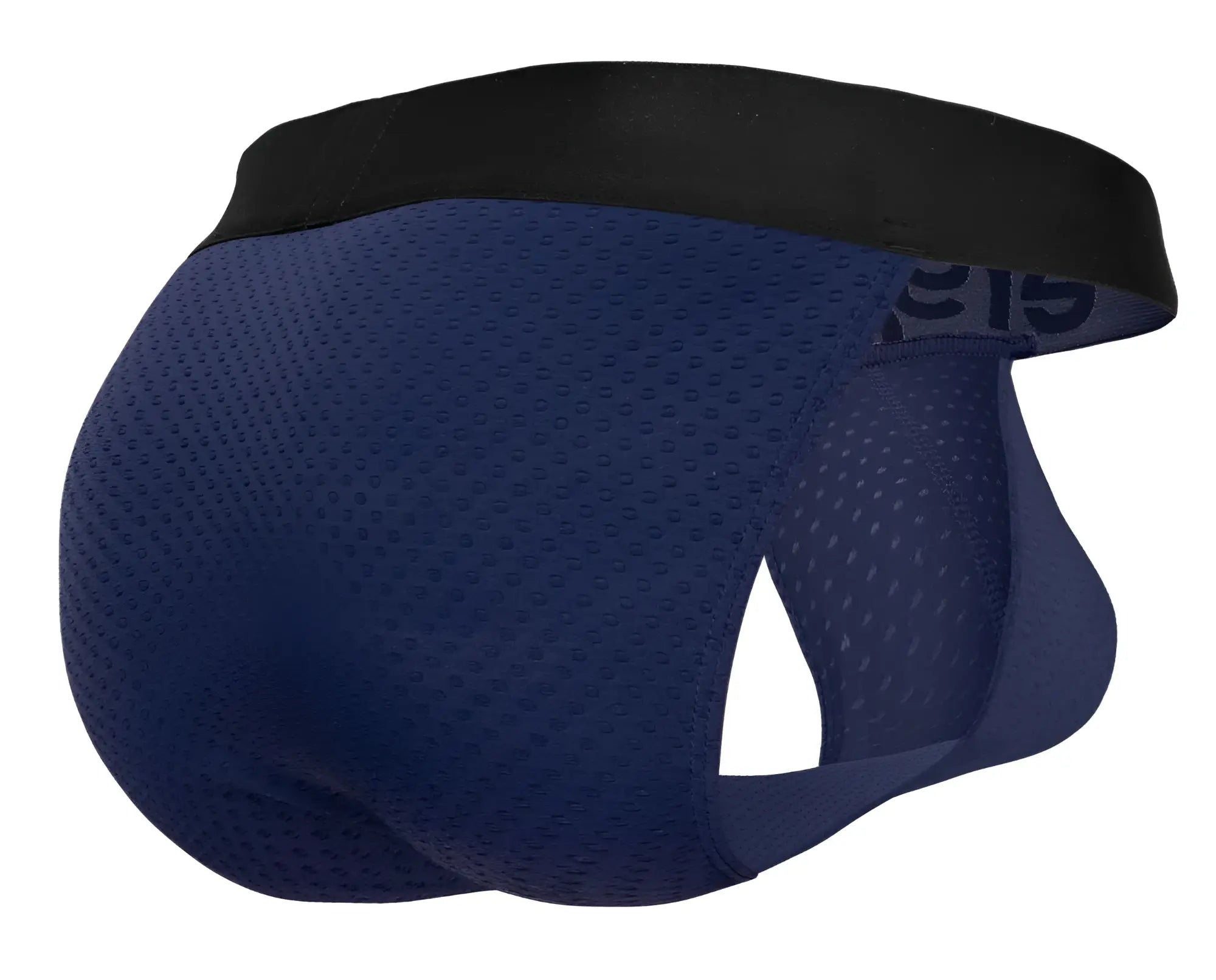 Navy blue mesh briefs with black elastic waistband ergo wear ew1790 max flow bikini color dark blue front side view