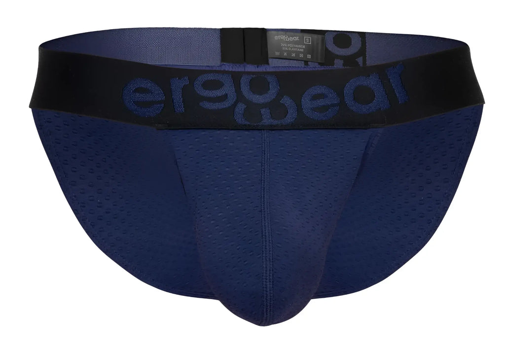 Navy blue perforated mesh briefs with black elastic waistband and ergo wear logo ergonomic design for breathability