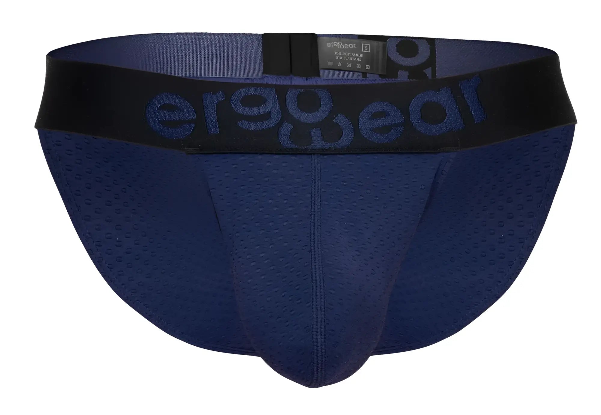 Navy blue perforated mesh briefs with black elastic waistband and ergo wear logo ergonomic design for breathability