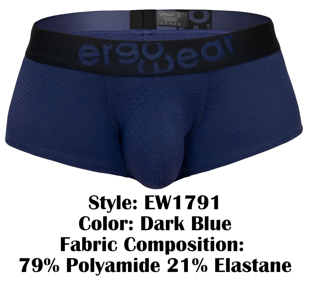 Dark blue ergo wear ew1791 max flow ergonomic briefs with black waistband featuring ergo wear logo in dark blue