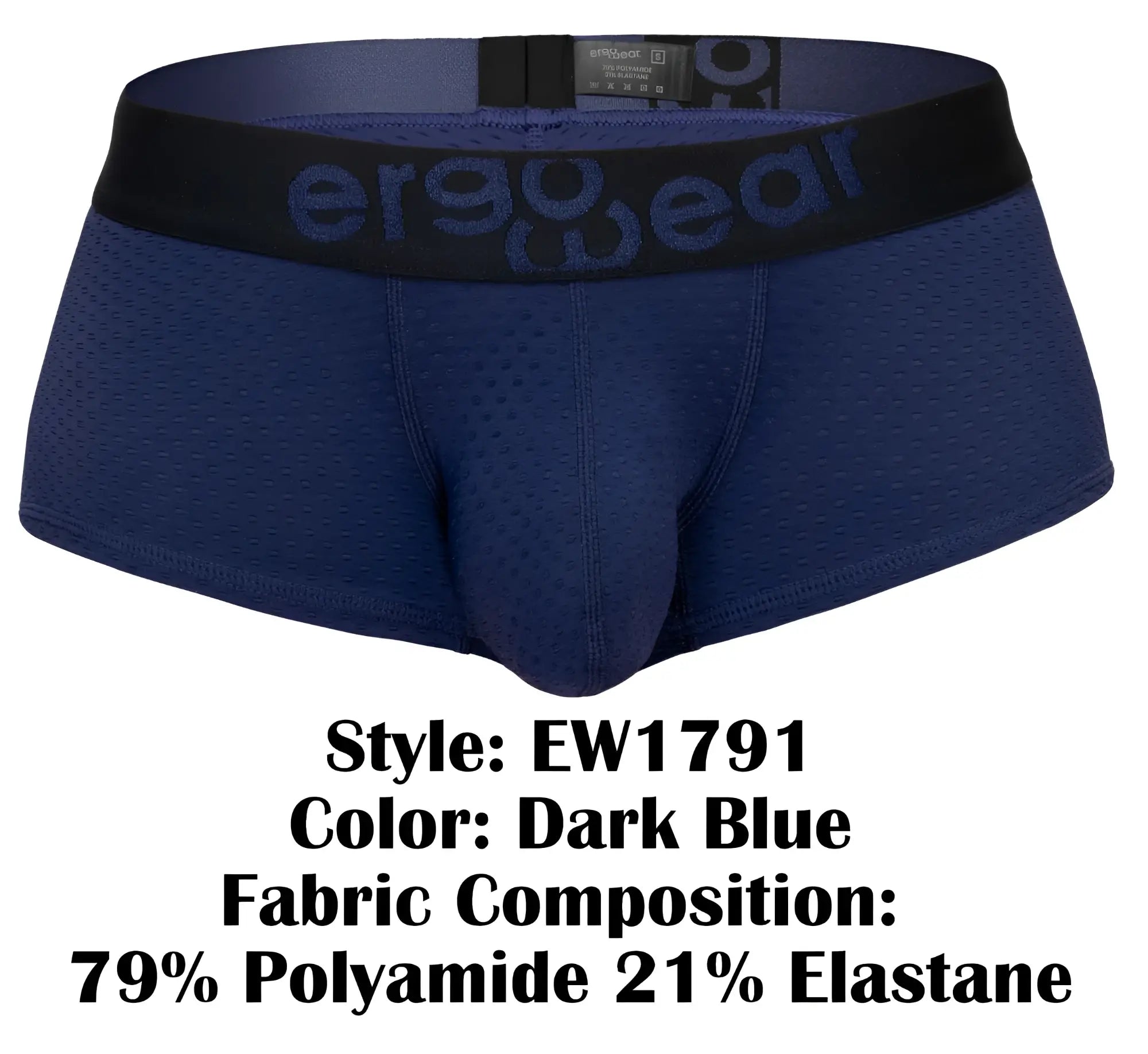 Dark blue ergo wear ew1791 max flow ergonomic briefs with black waistband featuring ergo wear logo in dark blue