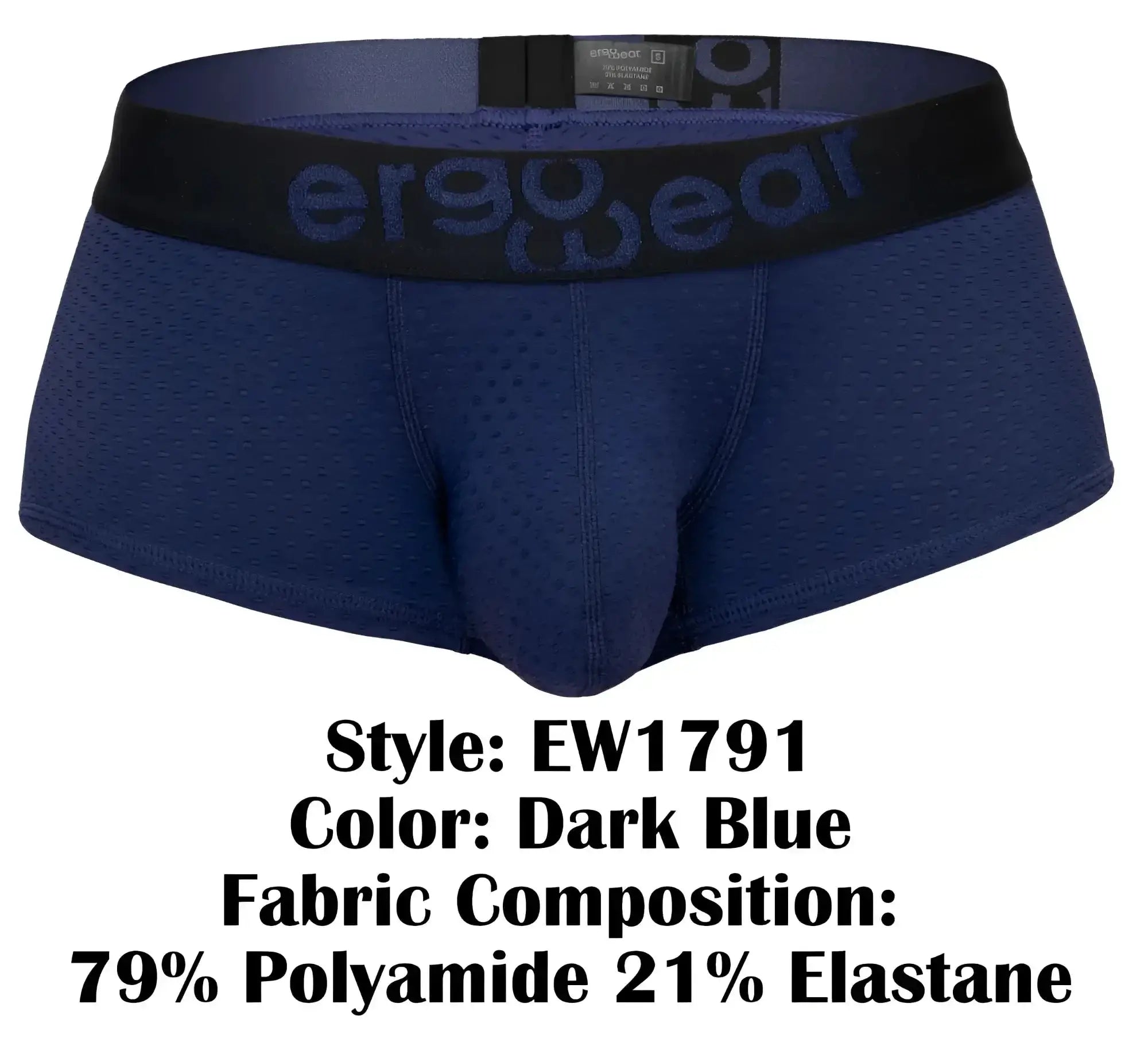 Dark blue ergo wear ew1791 max flow ergonomic briefs with black waistband featuring ergo wear logo in dark blue