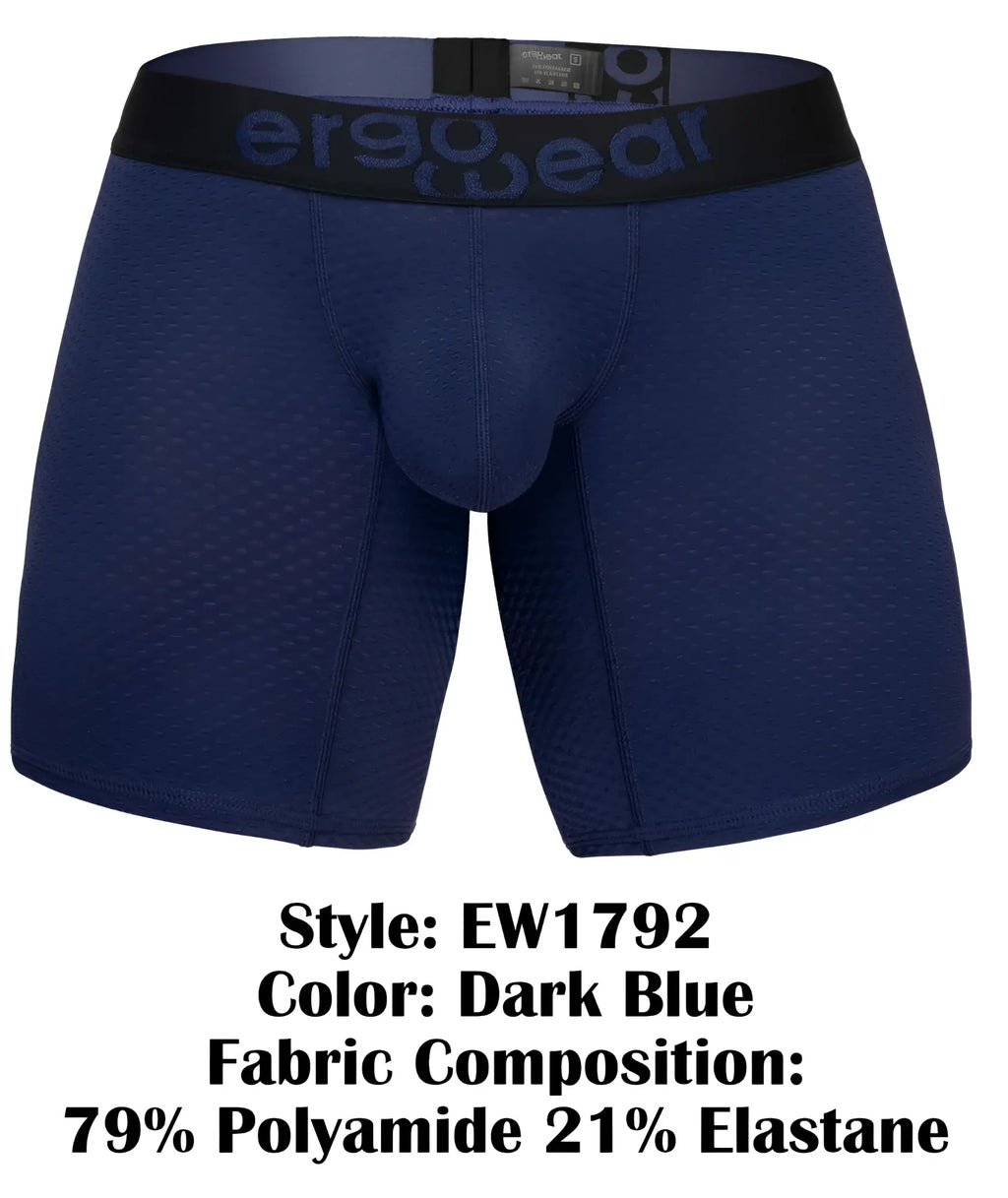 Dark blue ergonomic boxer briefs with black waistband featuring ergo wear logo for maximum comfort and support