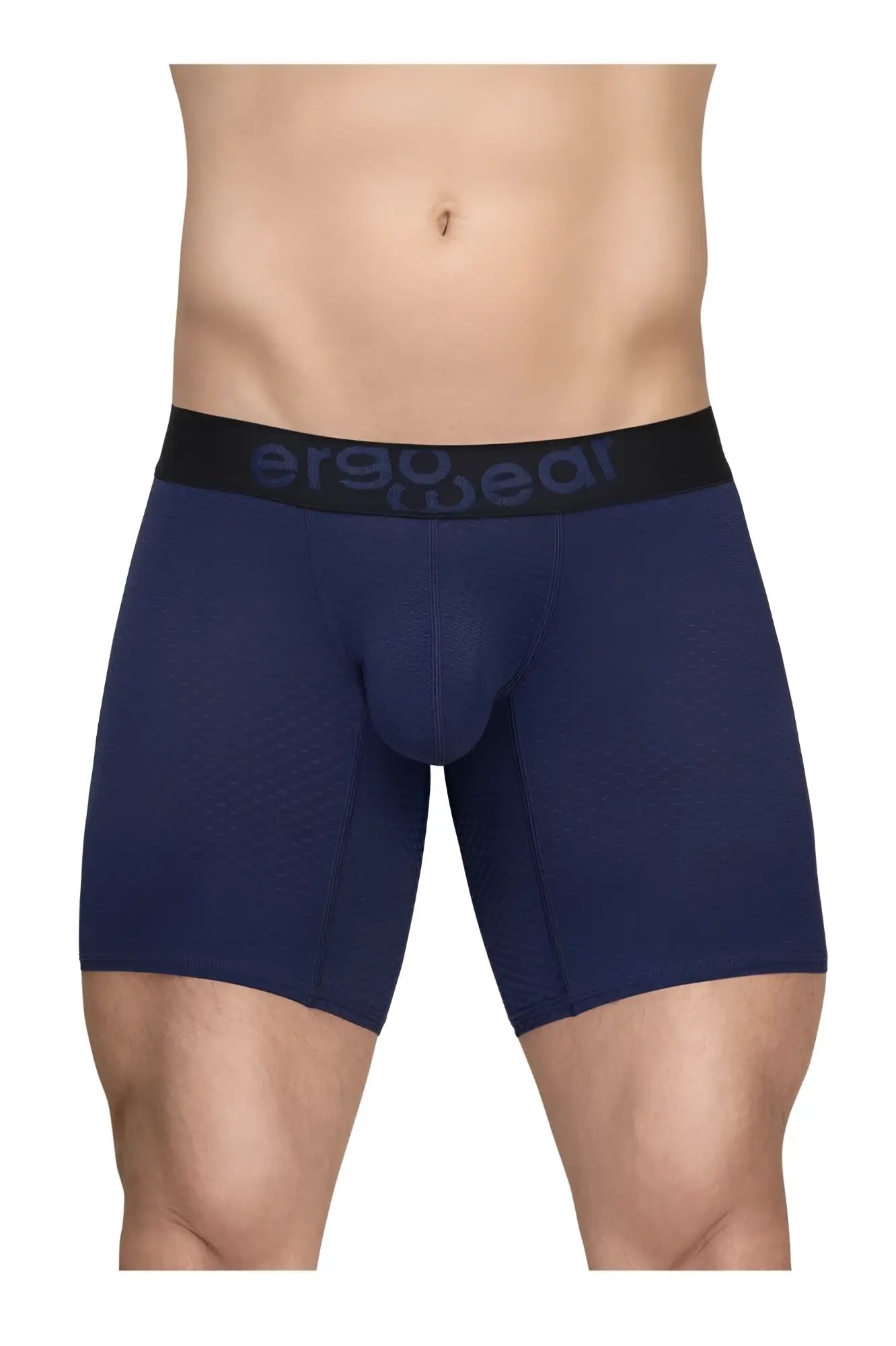 Navy blue ergo wear ew1792 max flow ergonomic boxer briefs with black waistband and gray logo for comfort and support