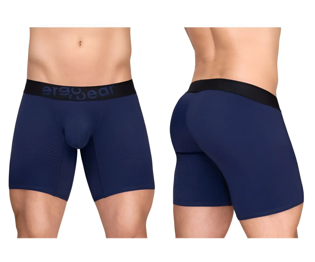 Navy blue ergonomic boxer briefs with black waistband and ergo wear logo designed for comfort and maximum airflow