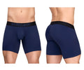 Navy blue ergonomic boxer briefs with black waistband and ergo wear logo designed for comfort and maximum airflow