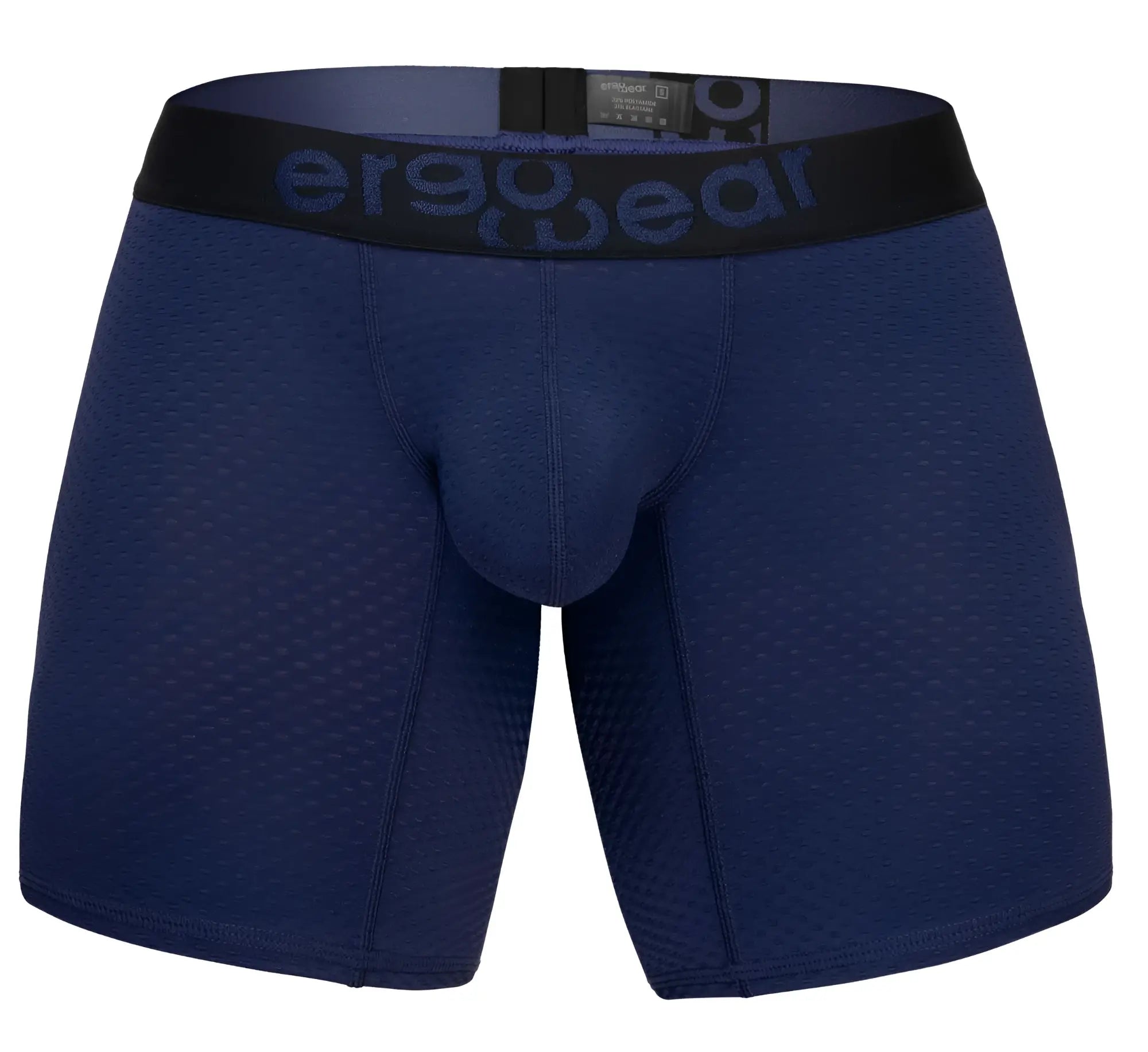 Navy blue ergonomic ergo gear boxer briefs ew1792 max flow with black waistband and dark gray logo lettering