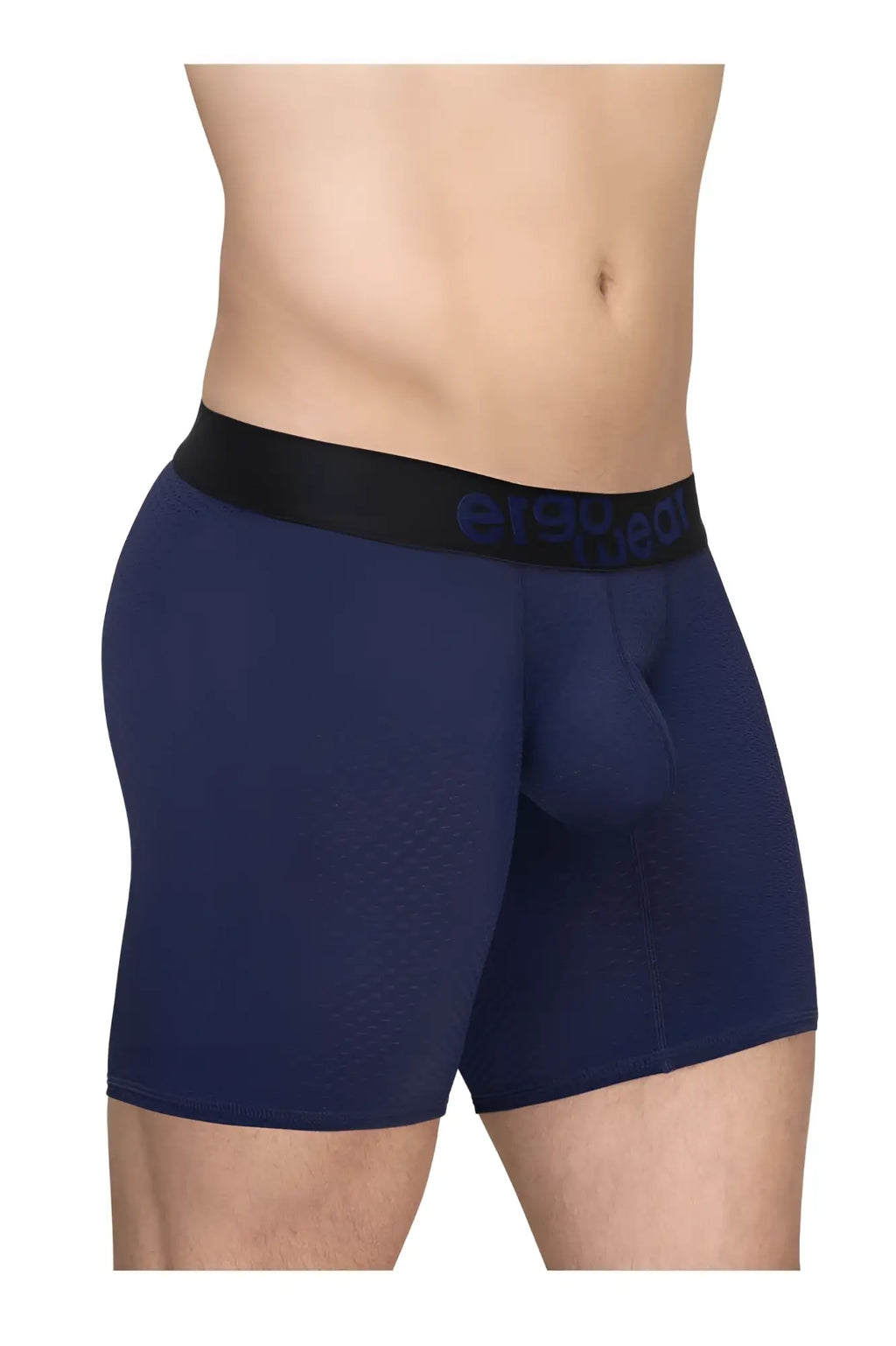 Ergowear ew1792 max flow navy blue textured boxer briefs with black waistband and erect brand name in dark gray