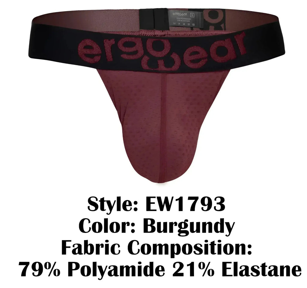 Burgundy ergonomic briefs with a black waistband featuring the ergowear logo in burgundy lettering front view