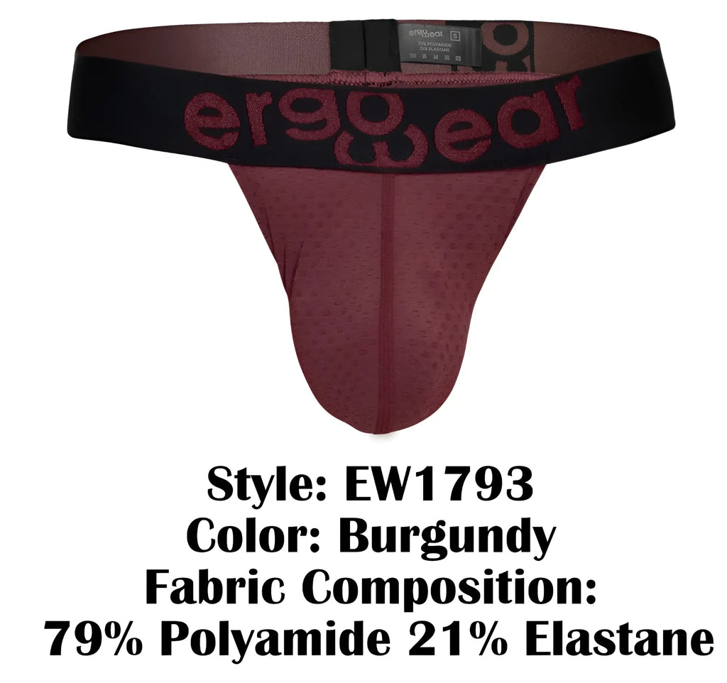 Burgundy ergonomic briefs with a black waistband featuring the ergowear logo in burgundy lettering front view