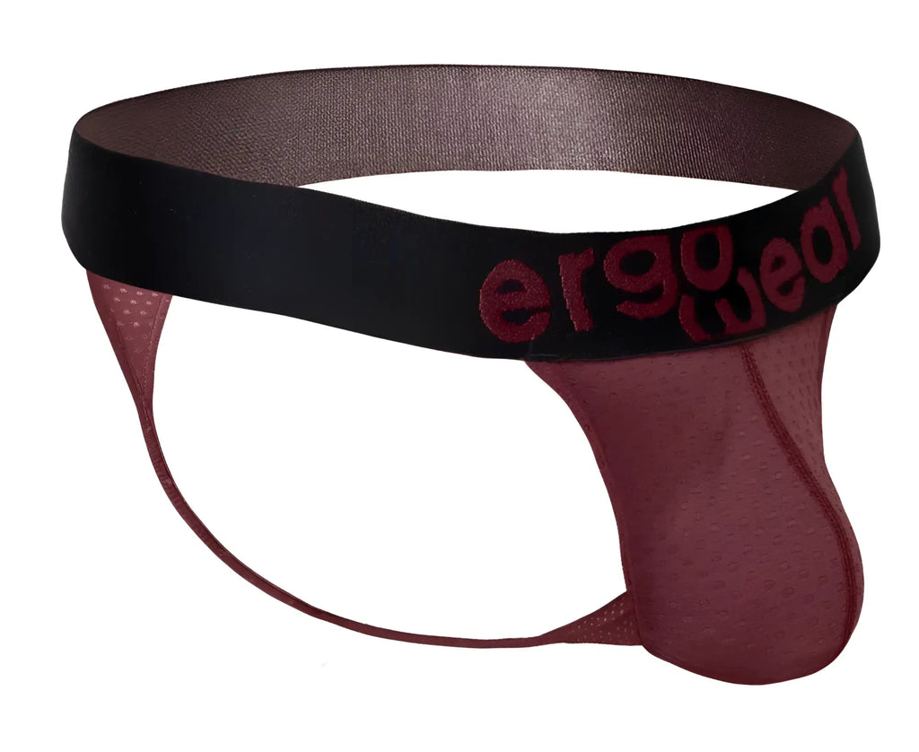 Maroon ergo wear ew1793 max flow g-string mesh briefs with black elastic waistband and red logo