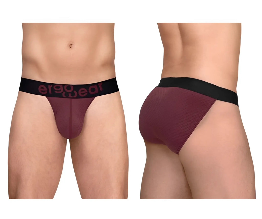 Maroon ergonomic briefs with black waistband and ergo wear logo in maroon lettering titled ergowear ew1794 max flow bikini color burgundy