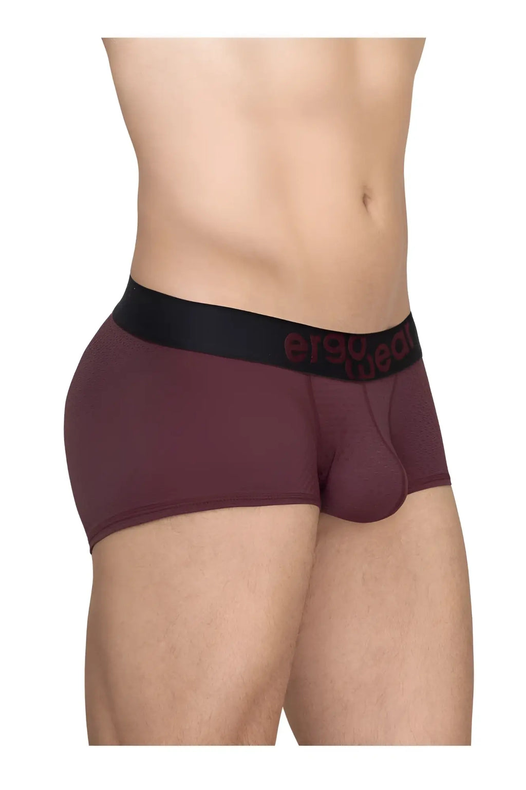 Maroon ergowear ew1795 max flow trunks with black elastic waistband and red brand name lettering on the front side