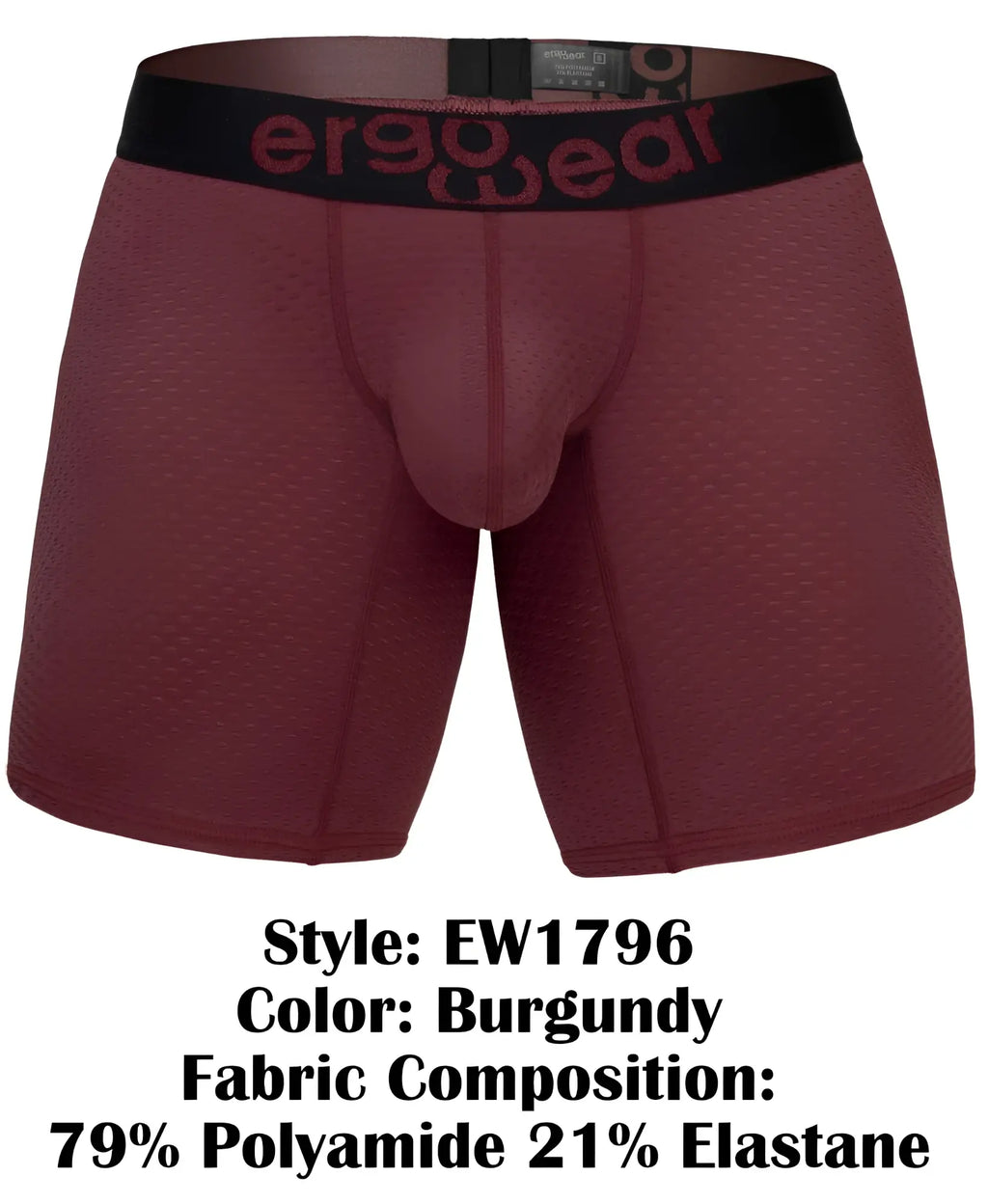 Burgundy ergo wear ew1796 max flow boxer briefs with black waistband made of 79 polyamide 21 elastane for comfort