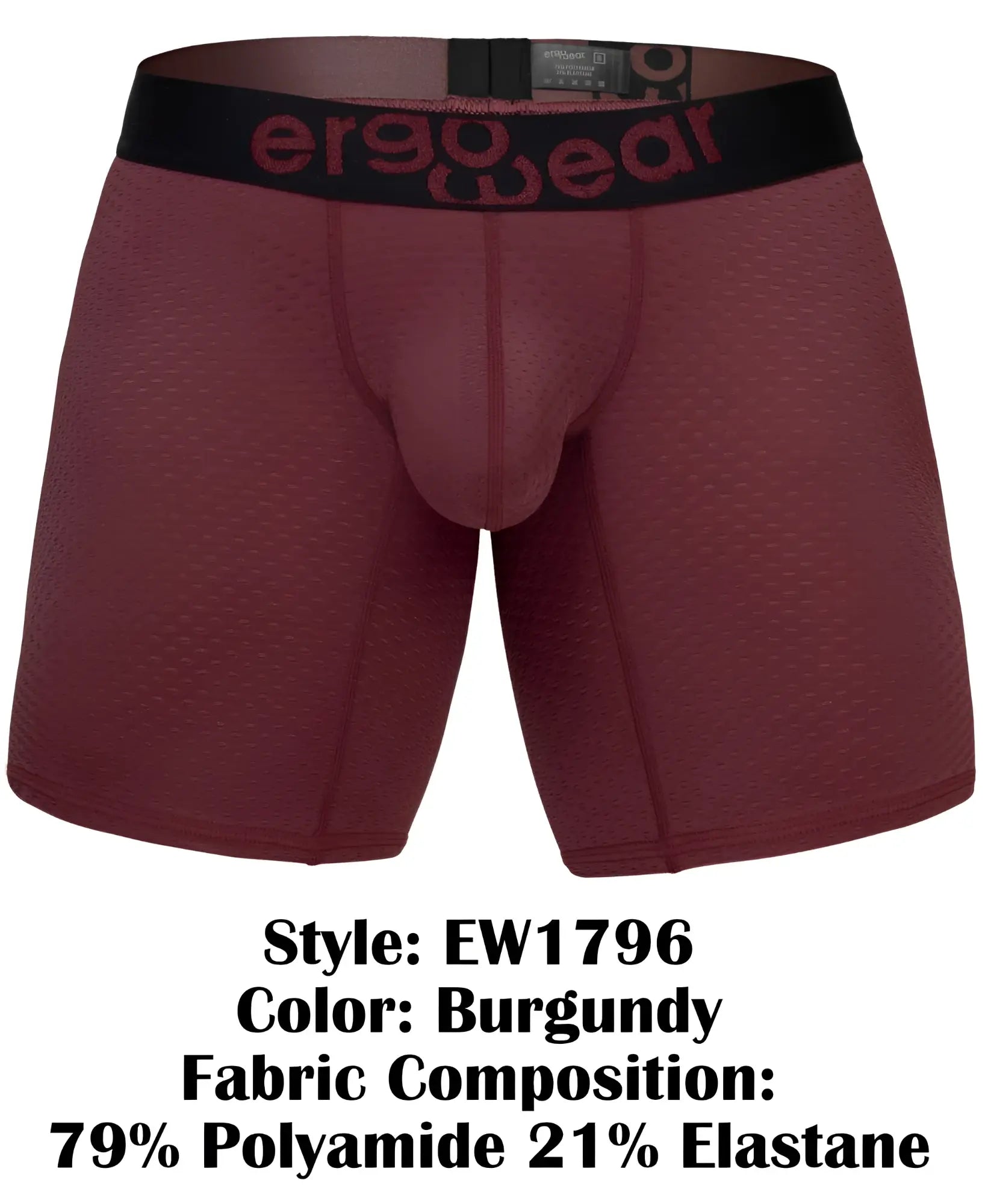 Burgundy ergo wear ew1796 max flow boxer briefs with black waistband made of 79 polyamide 21 elastane for comfort