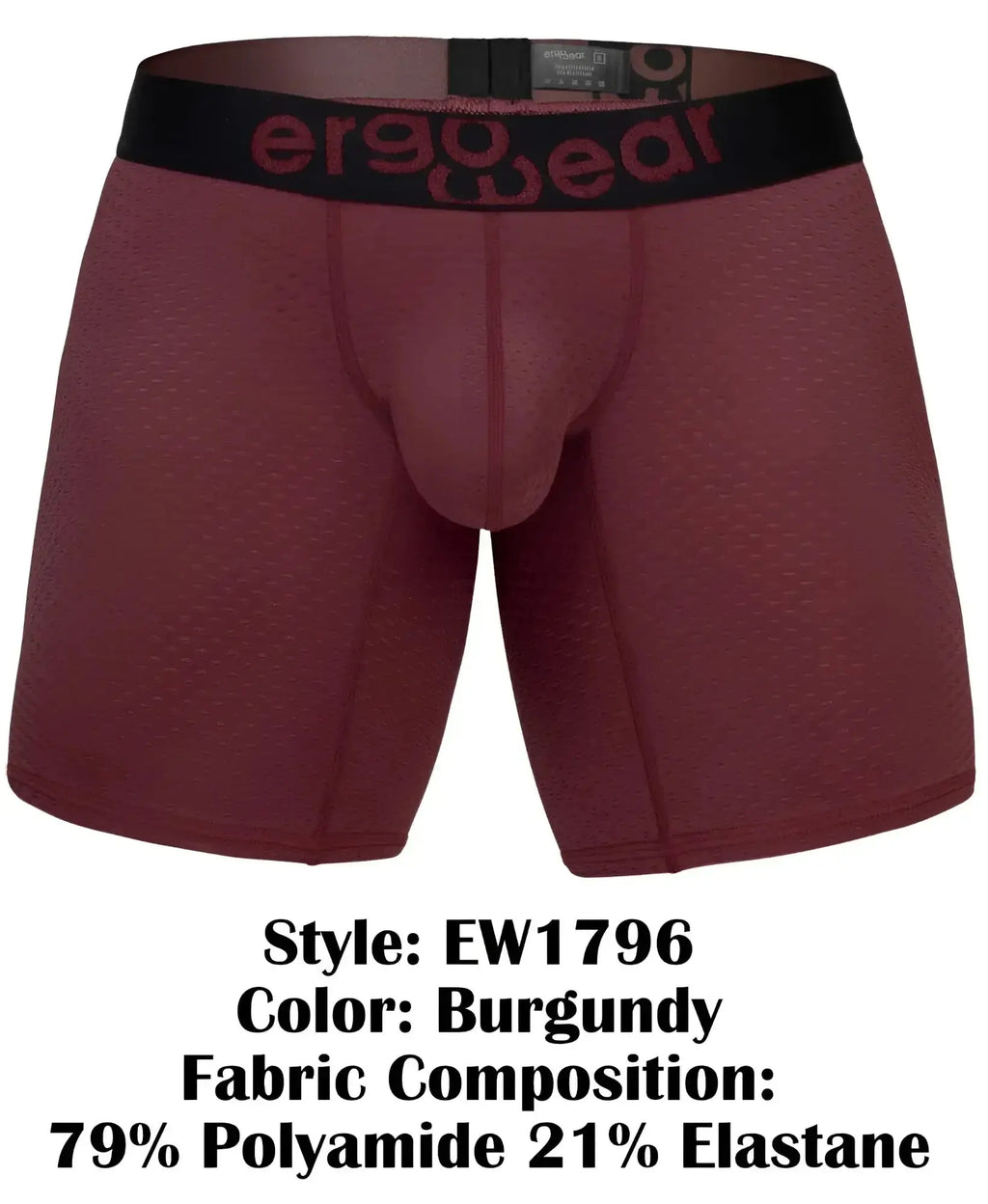 Burgundy ergo wear ew1796 max flow boxer briefs with black waistband made of 79 polyamide 21 elastane for comfort