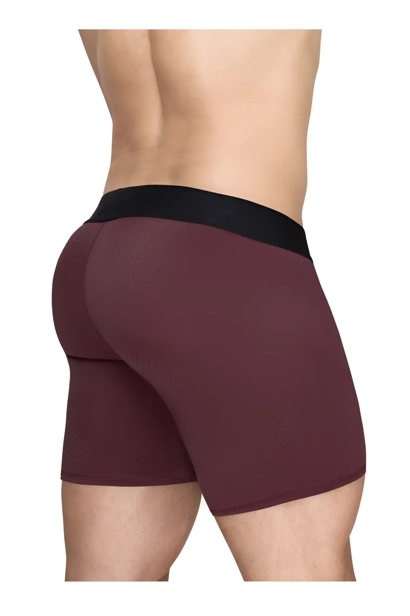 Ergowear ew1796 max flow boxer briefs in burgundy with a black elastic waistband for comfortable support