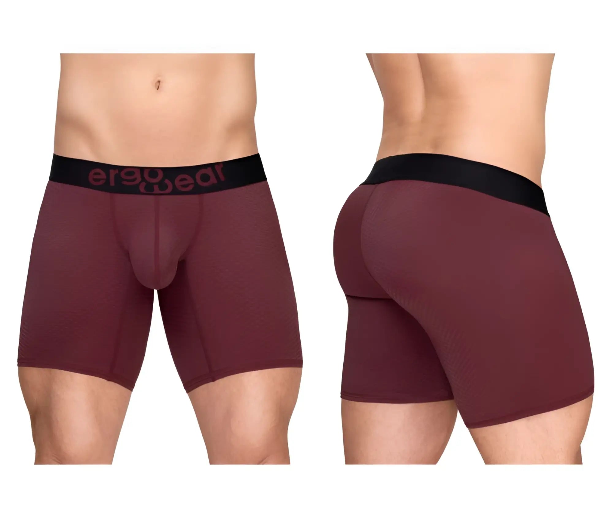 Maroon ergonomic boxer briefs with a black ergo wear waistband designed for maximum comfort and airflow