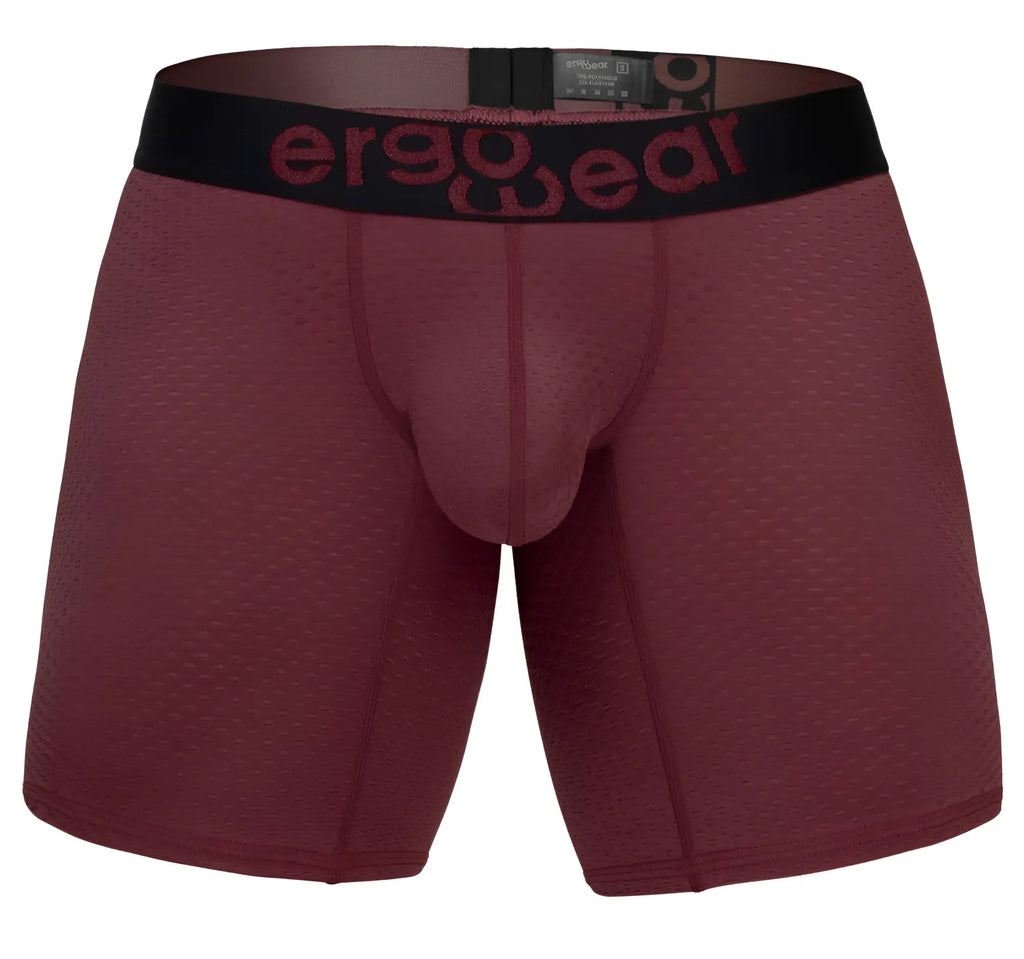 Maroon ergowear ew1796 max flow ergonomic boxer briefs with black waistband and red logo for daily comfort