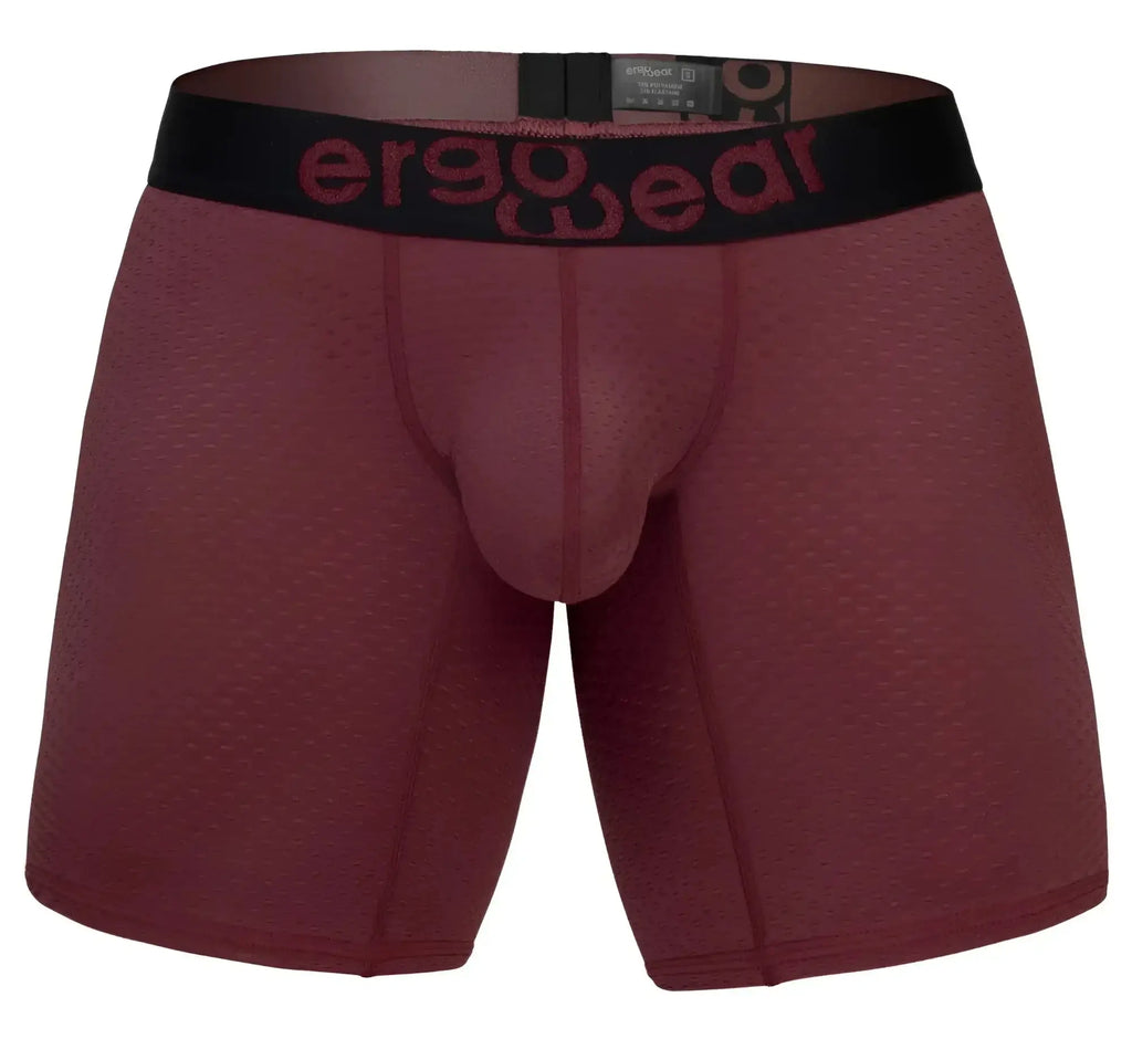 Maroon ergowear ew1796 max flow ergonomic boxer briefs with black waistband and red logo for daily comfort