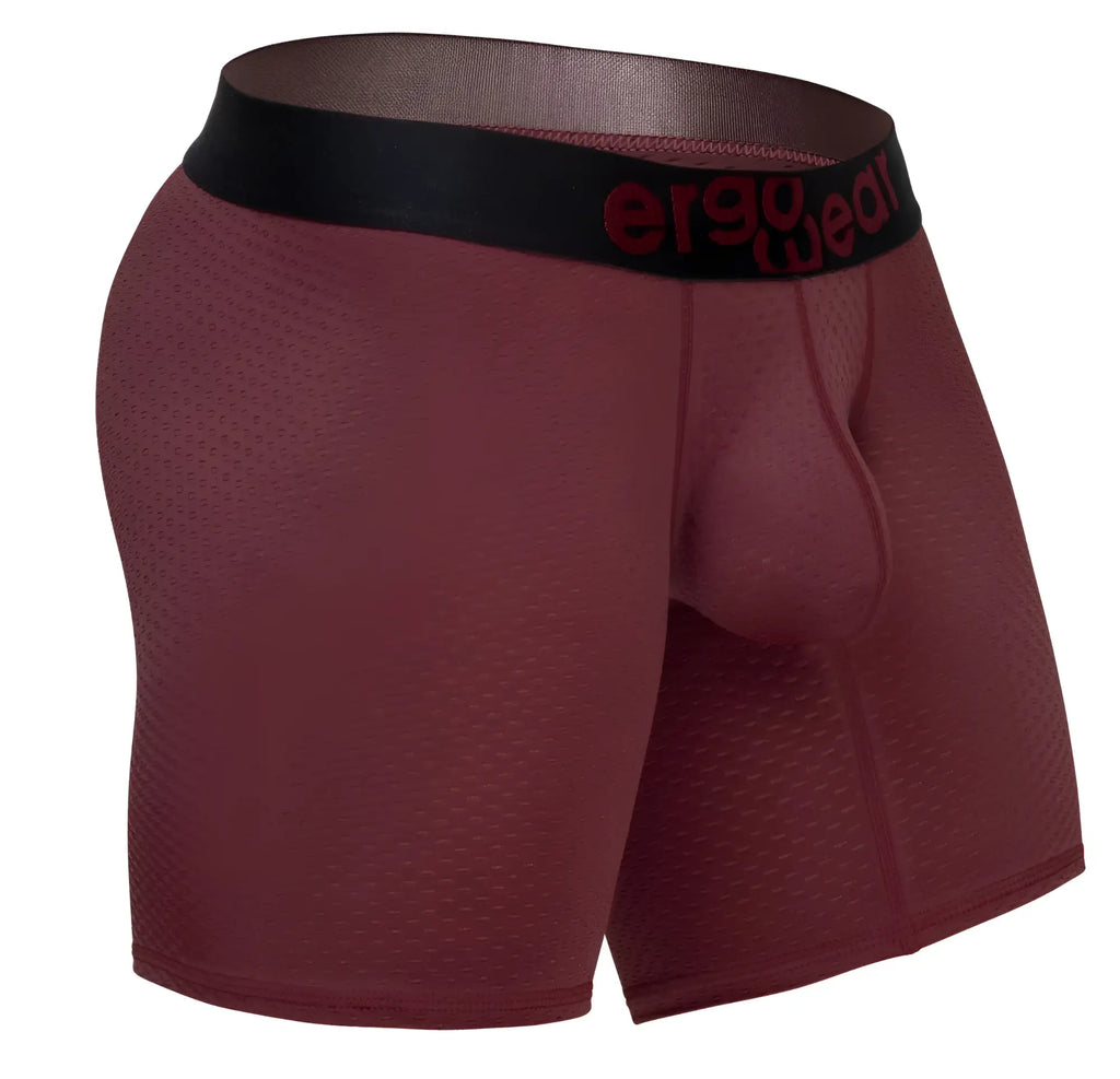 Ergowear ew1796 max flow boxer briefs in burgundy with ergonomic design and black waistband featuring red logo