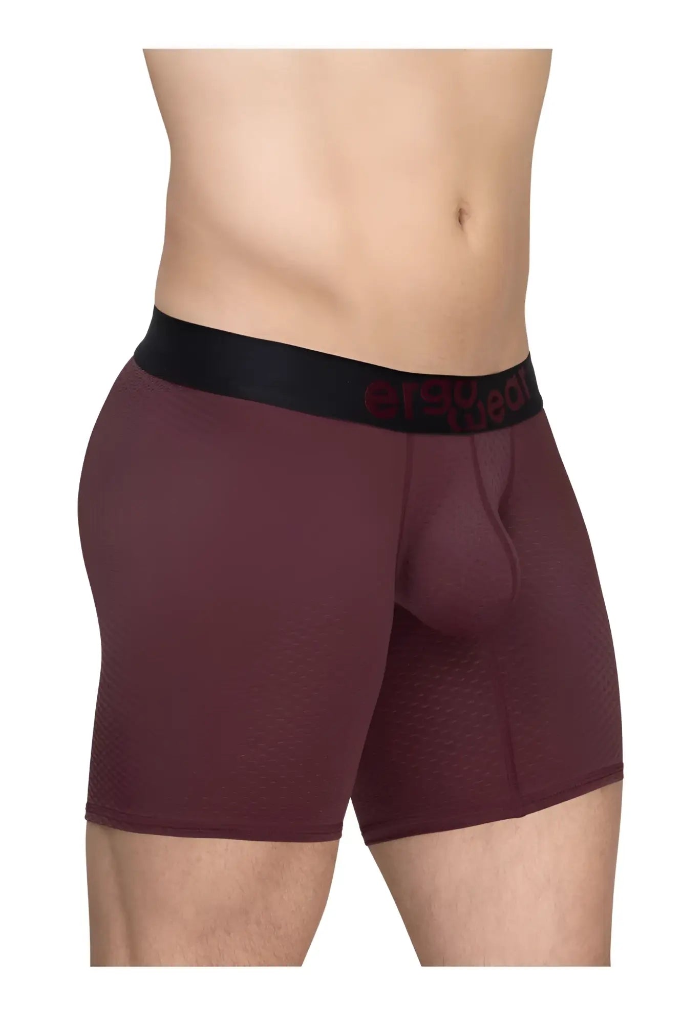 Ergowear ew1796 max flow boxer briefs in burgundy with maroon texture and black waistband with red lettering