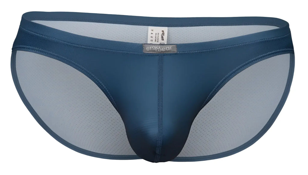 Dark blue form-fitting men’s briefs with mesh panel and branded label from ergowear ew1798 x4d se bikini sea blue