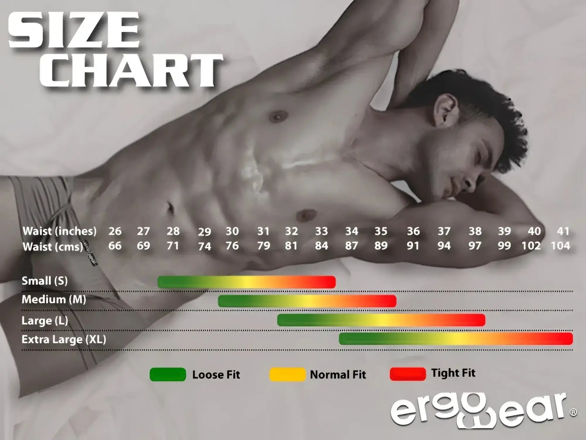 Size chart for ergowear ew1799 x4d se trunks sea blue showing measurements in inches and centimeters
