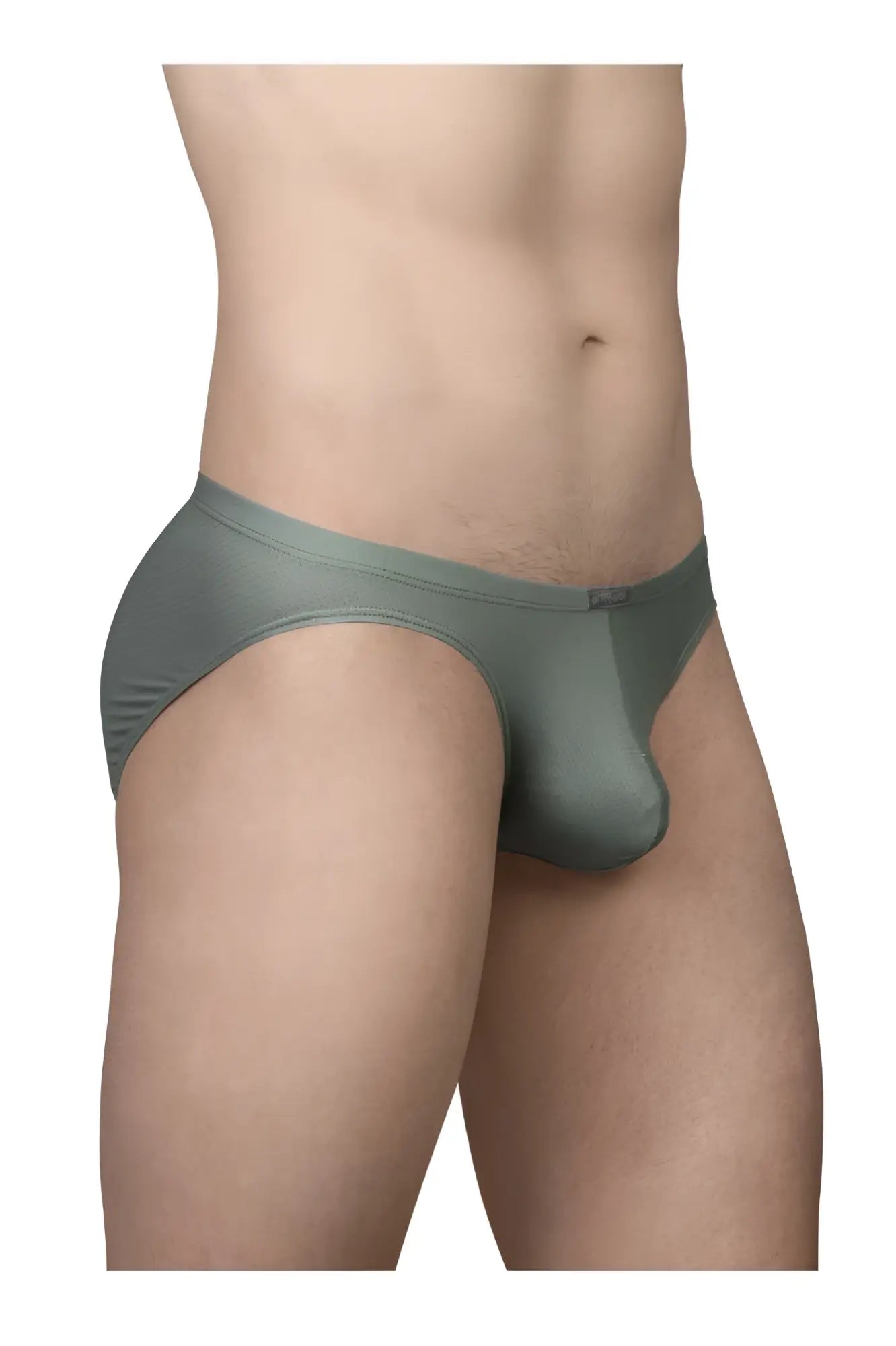 ErgoWear ew1802 x4d se bikini olive green men’s brief with sleek dark gray smooth form-fitting fabric and waistband seam detail