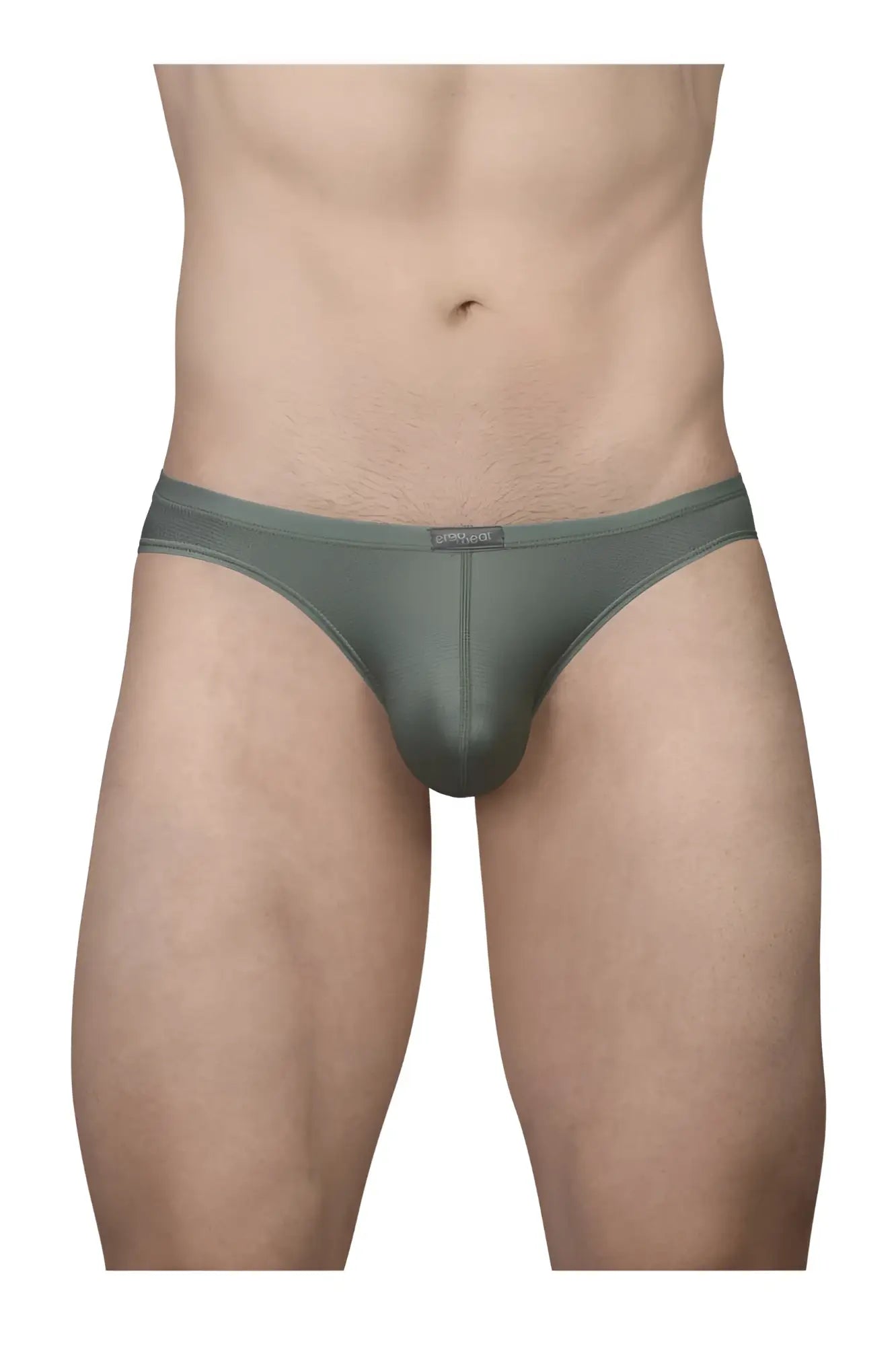 A sleek dark olive green ergoWear ew1802 x4d se bikini brief with smooth form-fitting design and subtle waistband branding