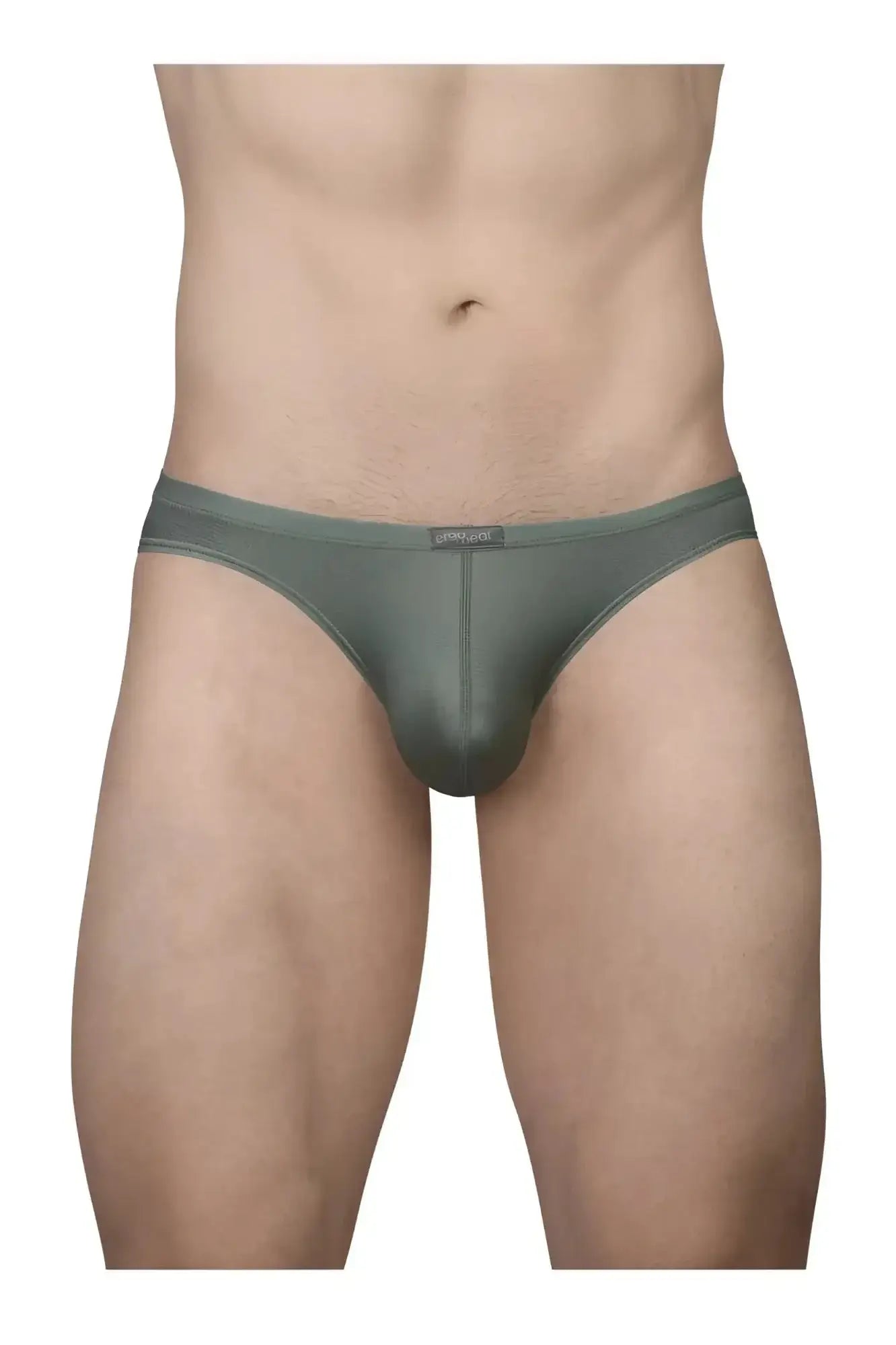 A sleek dark olive green ergoWear ew1802 x4d se bikini brief with smooth form-fitting design and subtle waistband branding
