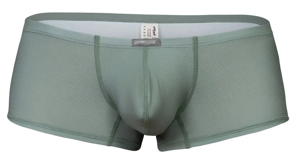 A pair of ergo wear ew1803 x4d se olive green breathable mesh boxer briefs with contoured design and elastic waistband