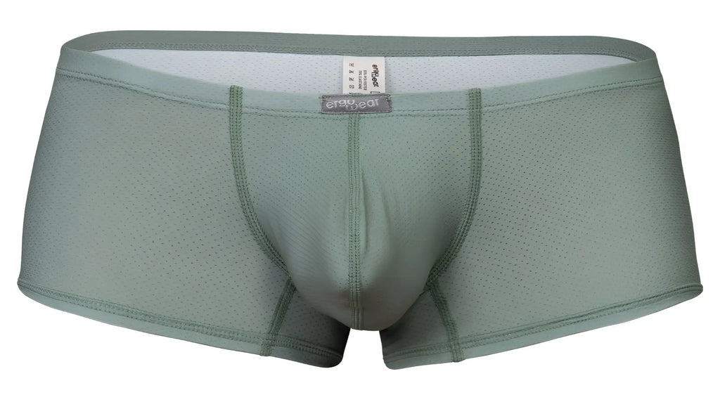 A pair of ergo wear ew1803 x4d se olive green breathable mesh boxer briefs with contoured design and elastic waistband