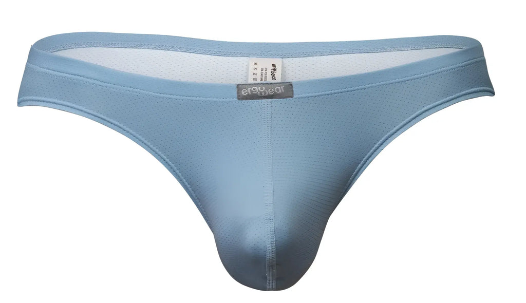 Light blue mesh briefs with gray brand tag at waistband by ergowear ew1805 x4d se thongs in stone blue color