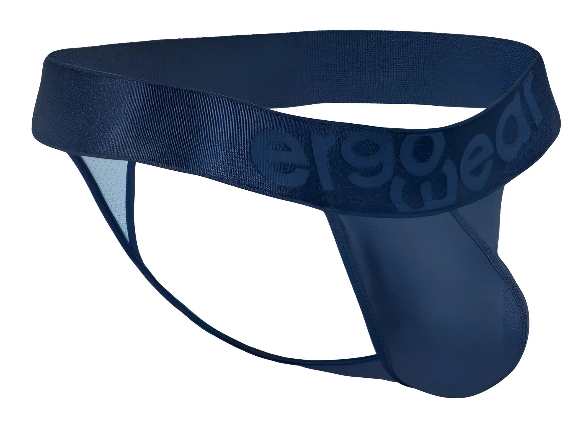 Navy blue ergonomic g-string brief with smooth stretchy fabric and subtle embossed branding on the waistband back side