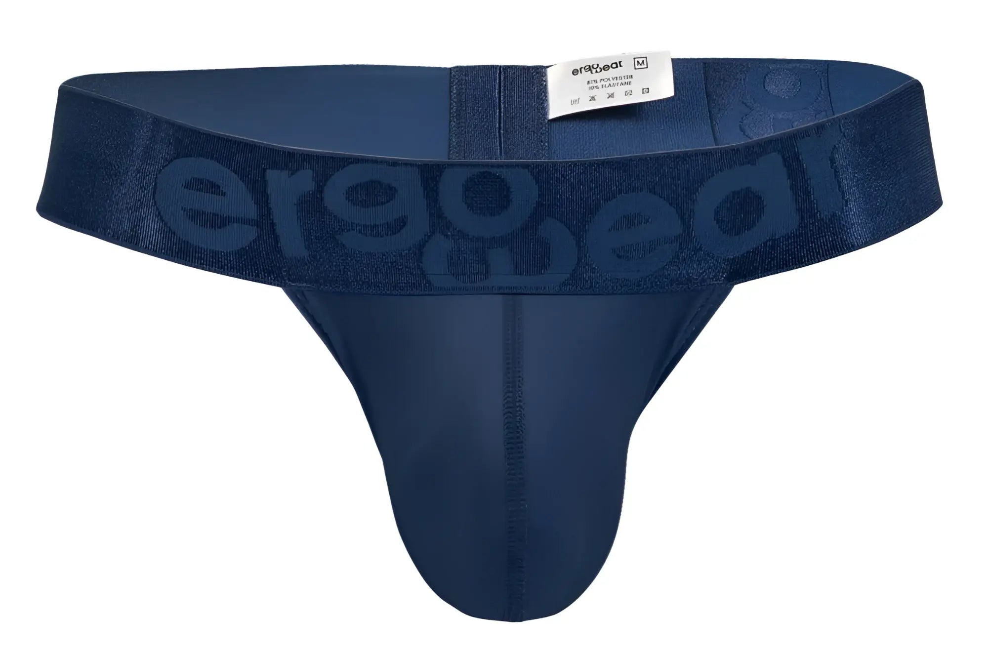 Navy blue ergonomic g-string briefs with subtle embossed ergonomax brand logo on waistband for comfortable wear