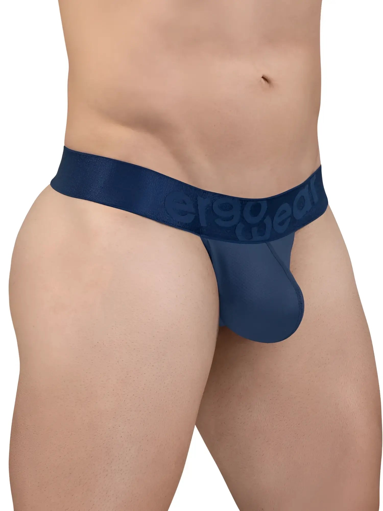 Navy blue sheer mesh jockstrap with solid fabric waistband featuring ErgoWear logo, back view, model EW1812 MAX BOLD SE g-string