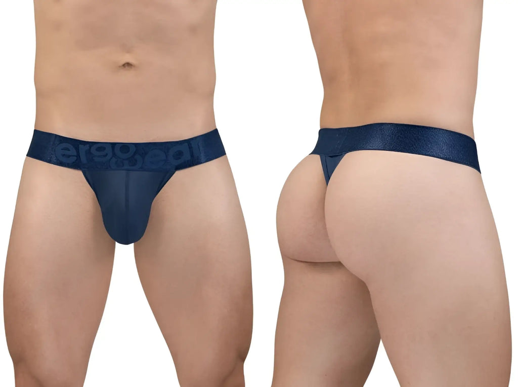 Navy blue sheer mesh thong with a wide debossed eregg elastic waistband in the ErgoWear EW1812 MAX BOLD SE G-String collection