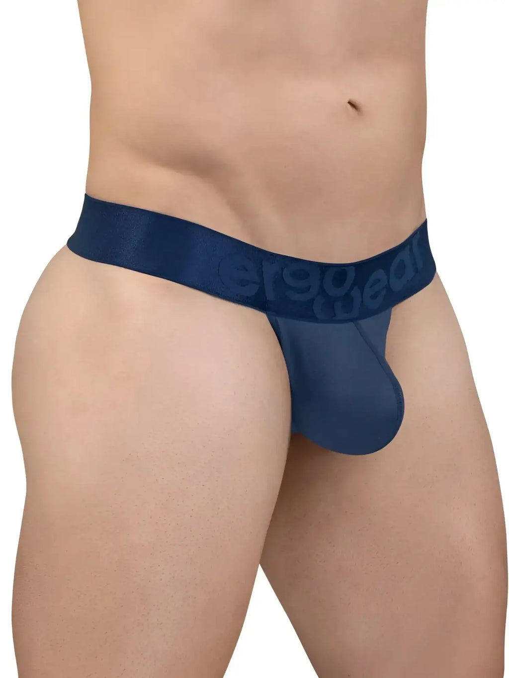 Navy blue sheer mesh jockstrap with solid fabric waistband featuring ErgoWear logo, back view.