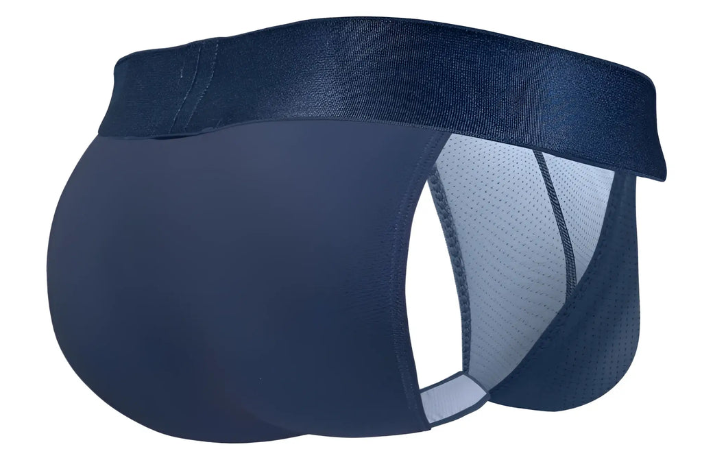 Navy blue ErgoWear EW1813 MAX BOLD SE bikini briefs with mesh side panels and an elastic waistband for athletic use