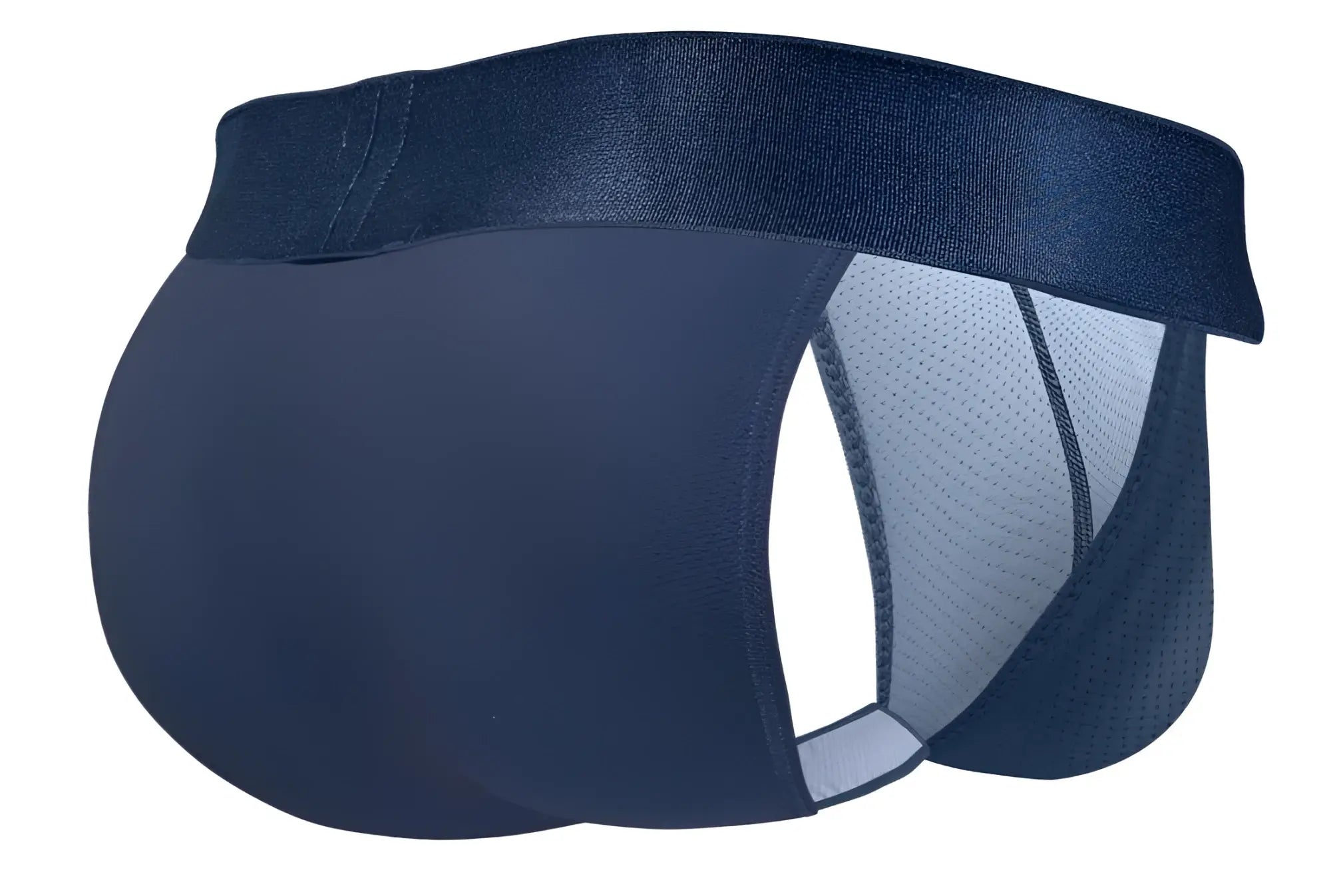Navy blue ErgoWear EW1813 MAX BOLD SE bikini briefs with mesh side panels and an elastic waistband for athletic use