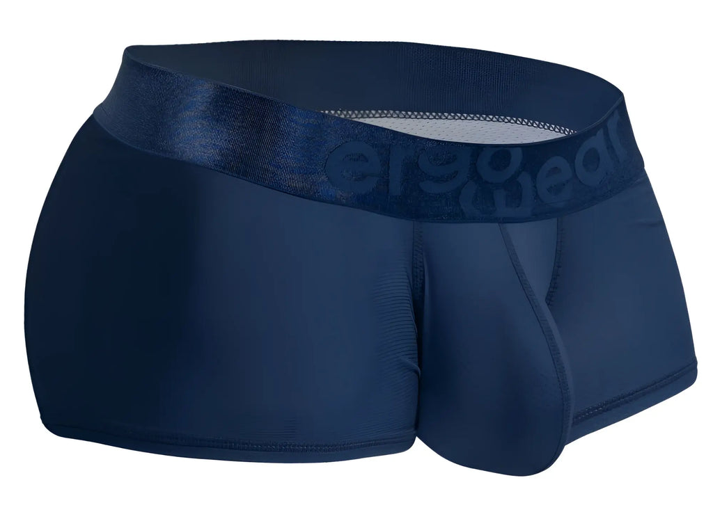 Navy blue ergoWear ew1814 max bold se trunks with satin waistband and subtle er90wear logo embossing