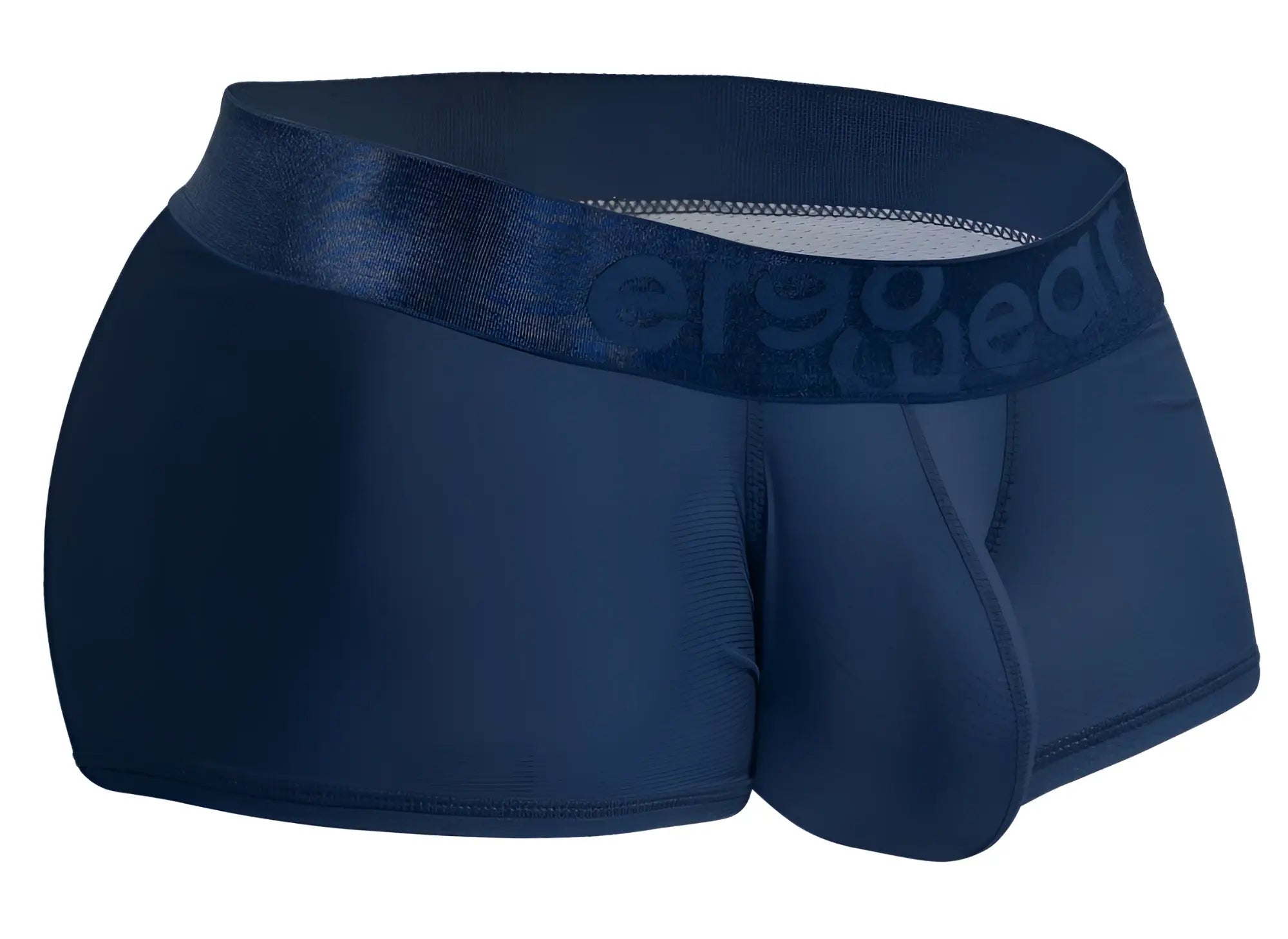 Navy blue ergoWear ew1814 max bold se trunks with satin waistband and subtle er90wear logo embossing