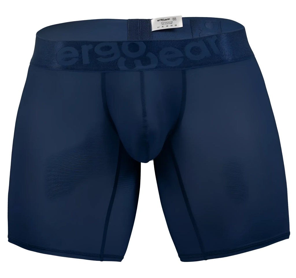 Navy blue ergonomic boxer briefs with embossed ergo wear logo on matching waistband in dark blue color