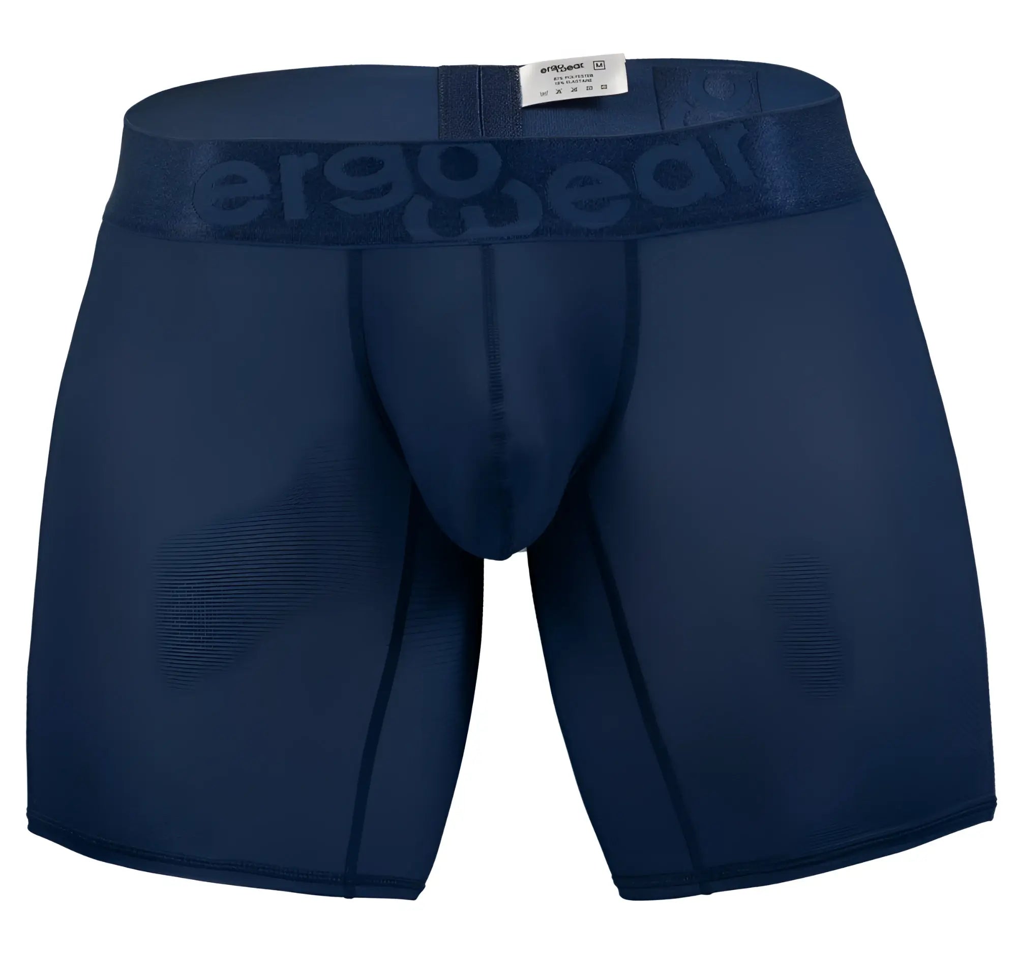 Navy blue ergonomic boxer briefs with embossed ergo wear logo on matching waistband in dark blue color