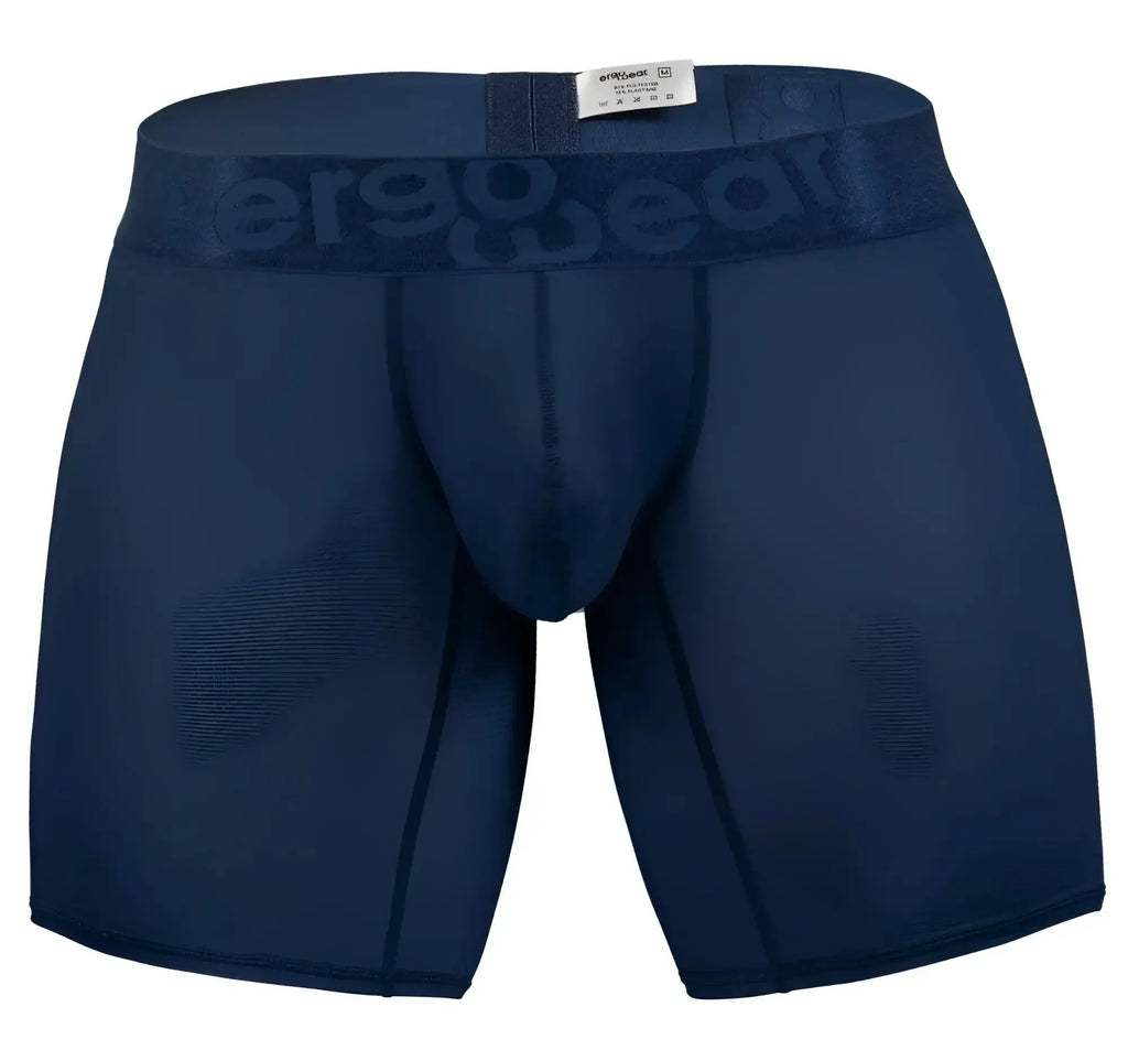 Navy blue ergonomic boxer briefs with embossed ergo wear logo on matching waistband in dark blue color