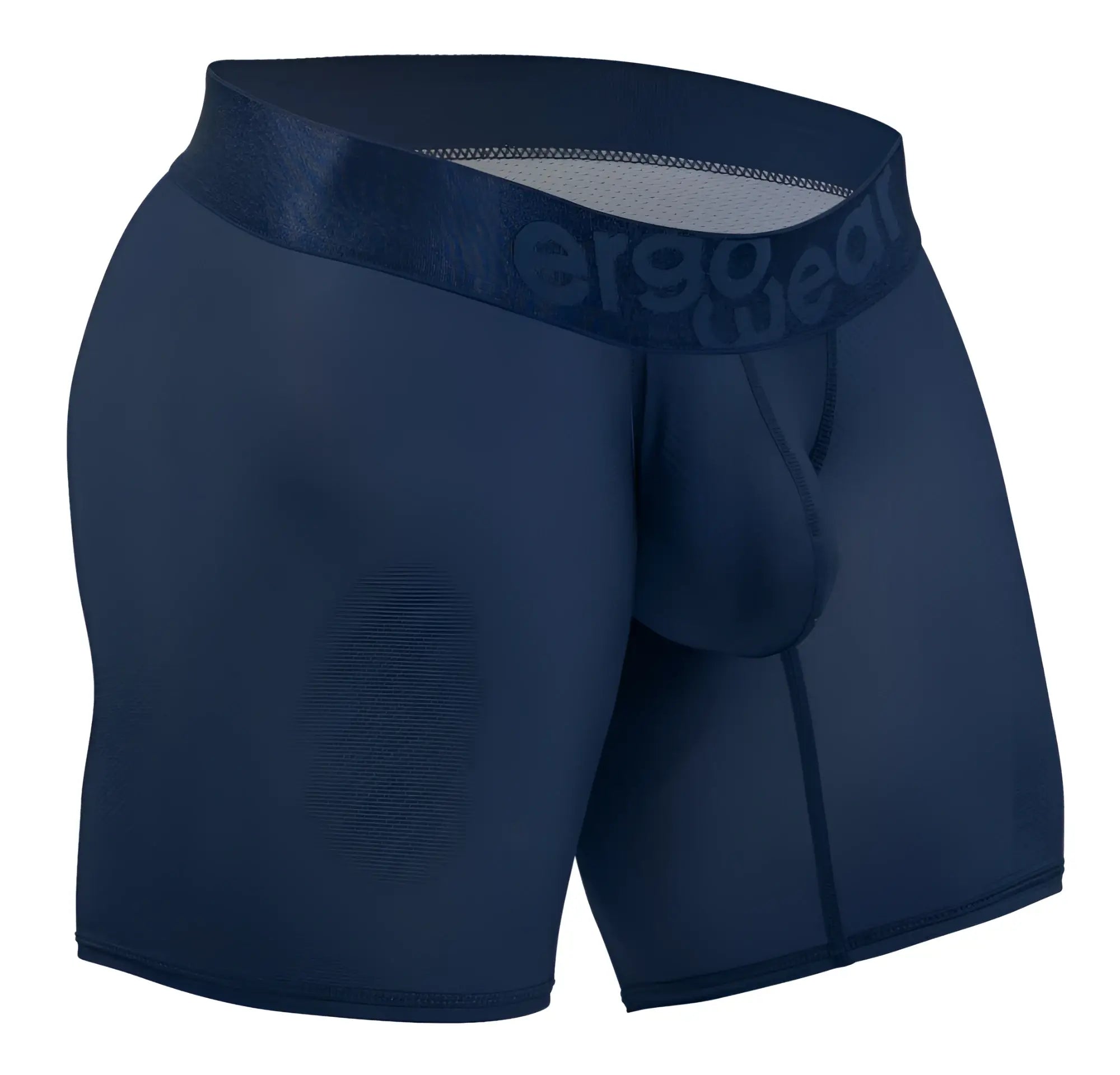 Navy blue ergonomic boxer briefs with textured ergo wear waistband designed for comfort and support