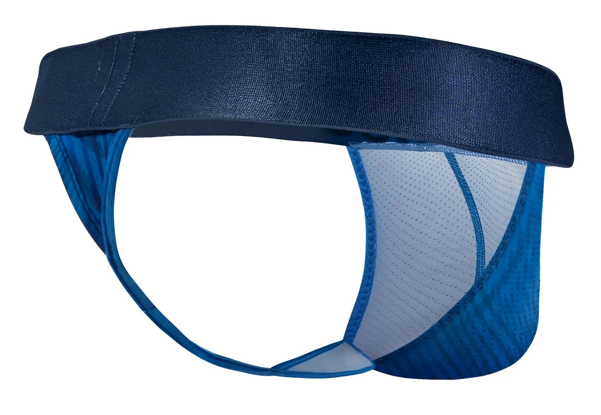 Blue ergo wear ew1816 max bold se g-string brief with denim-like waistband and mesh panels front view