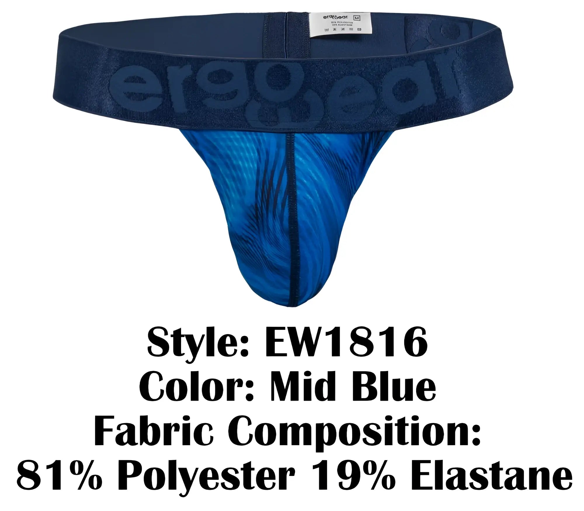 Mid blue ergonomic thong with subtle feather pattern and ergogear branded waistband ew1816 max bold se g-string